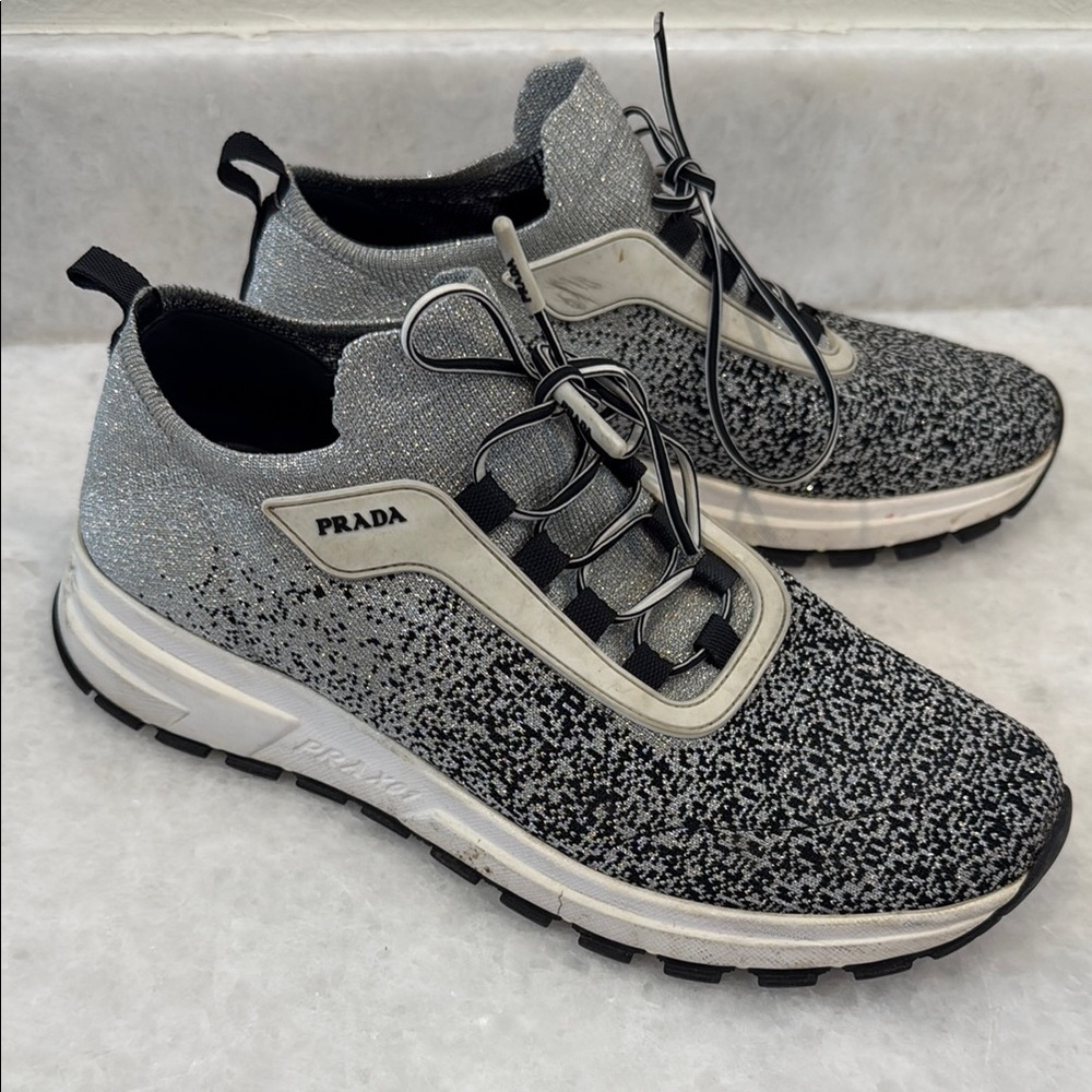 Prada Gray and Black Sneakers with Speckled Knit Design